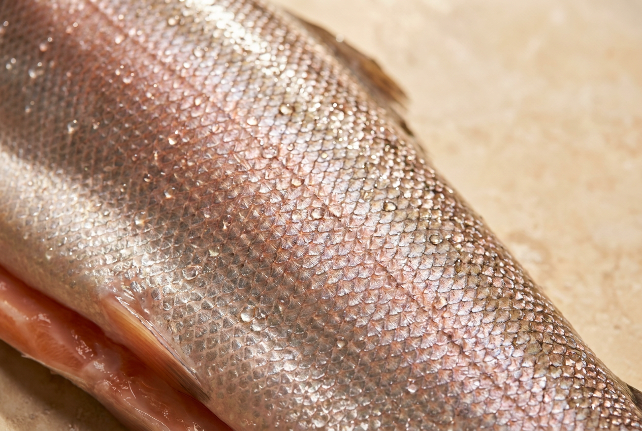 Wet iridescent salmon scales ultra-macro on warm cream stone