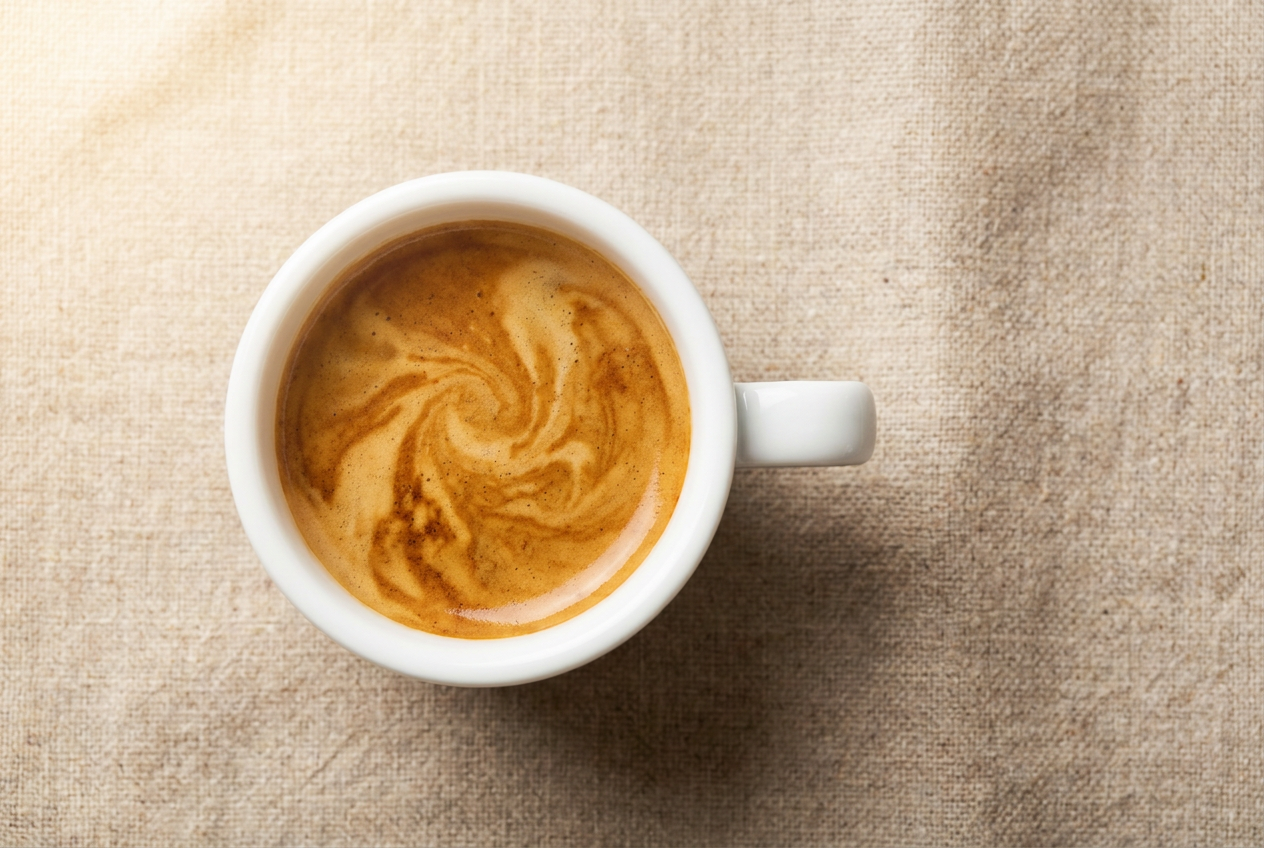 Top-down espresso with golden crema swirl on warm linen