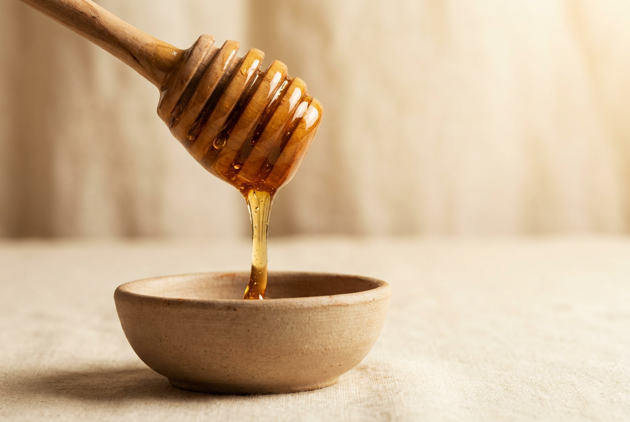 Wooden honey dipper with golden amber honey dripping into a small ceramic bowl