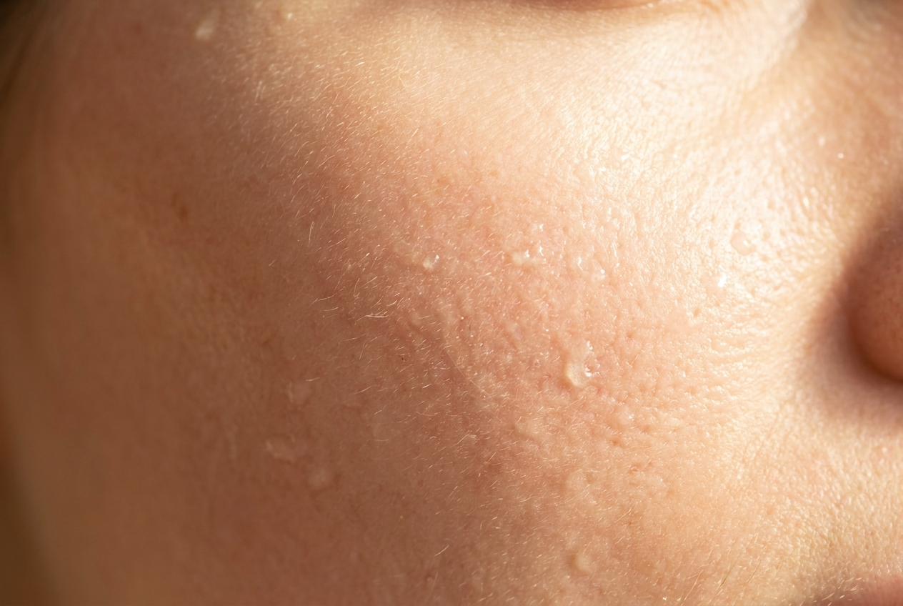 Fresh dewy skin texture ultra-macro with subtle water droplets in warm morning light