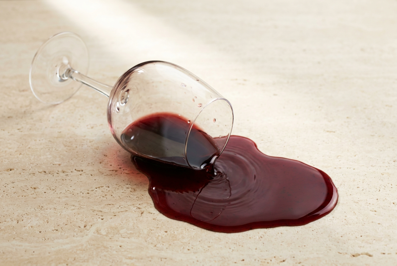 Tipped wine glass with dark ruby red wine pooling on warm cream travertine surface