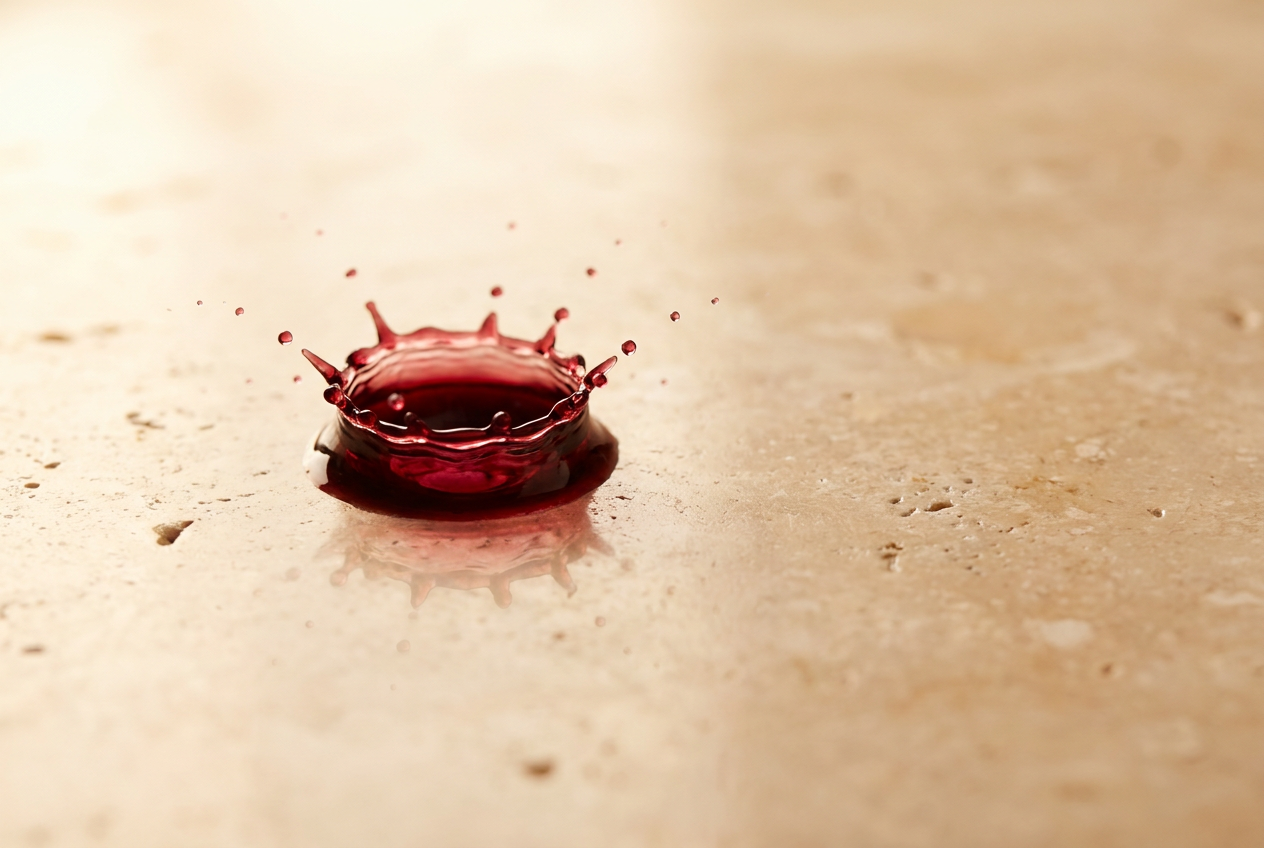 A single dark crimson drop landing on warm travertine, splash crown captured mid-impact