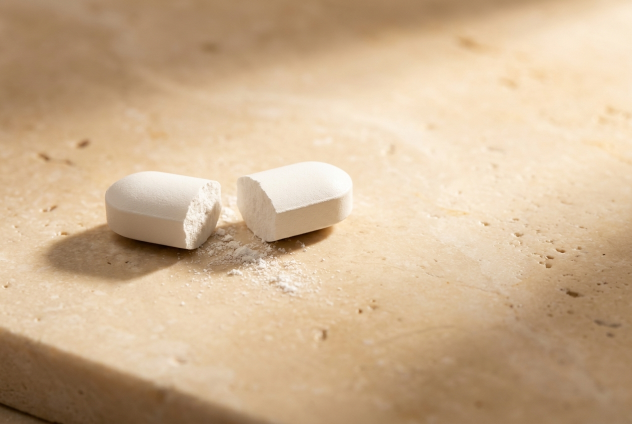 White oval pill broken cleanly in half on warm cream travertine