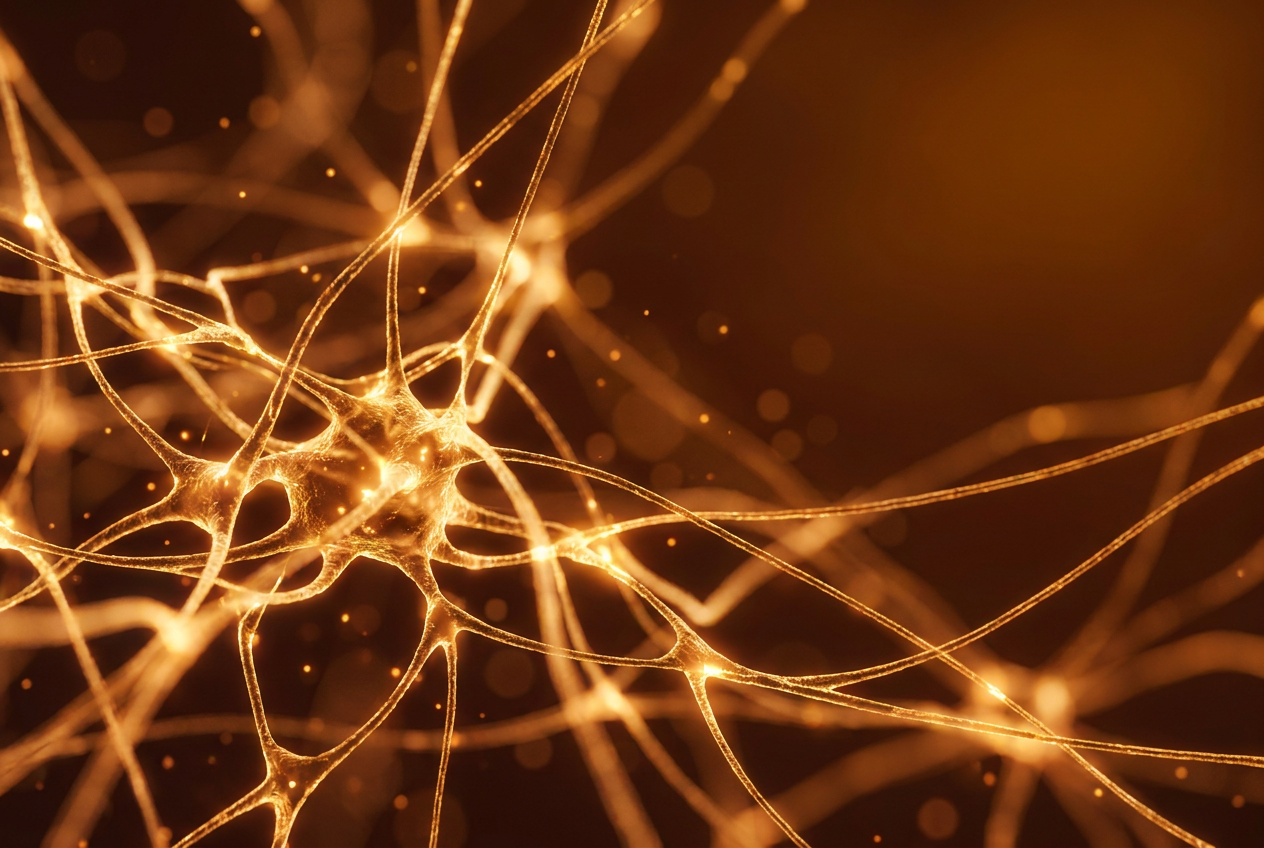 Glowing warm amber neural network synapses against soft warm dark gradient