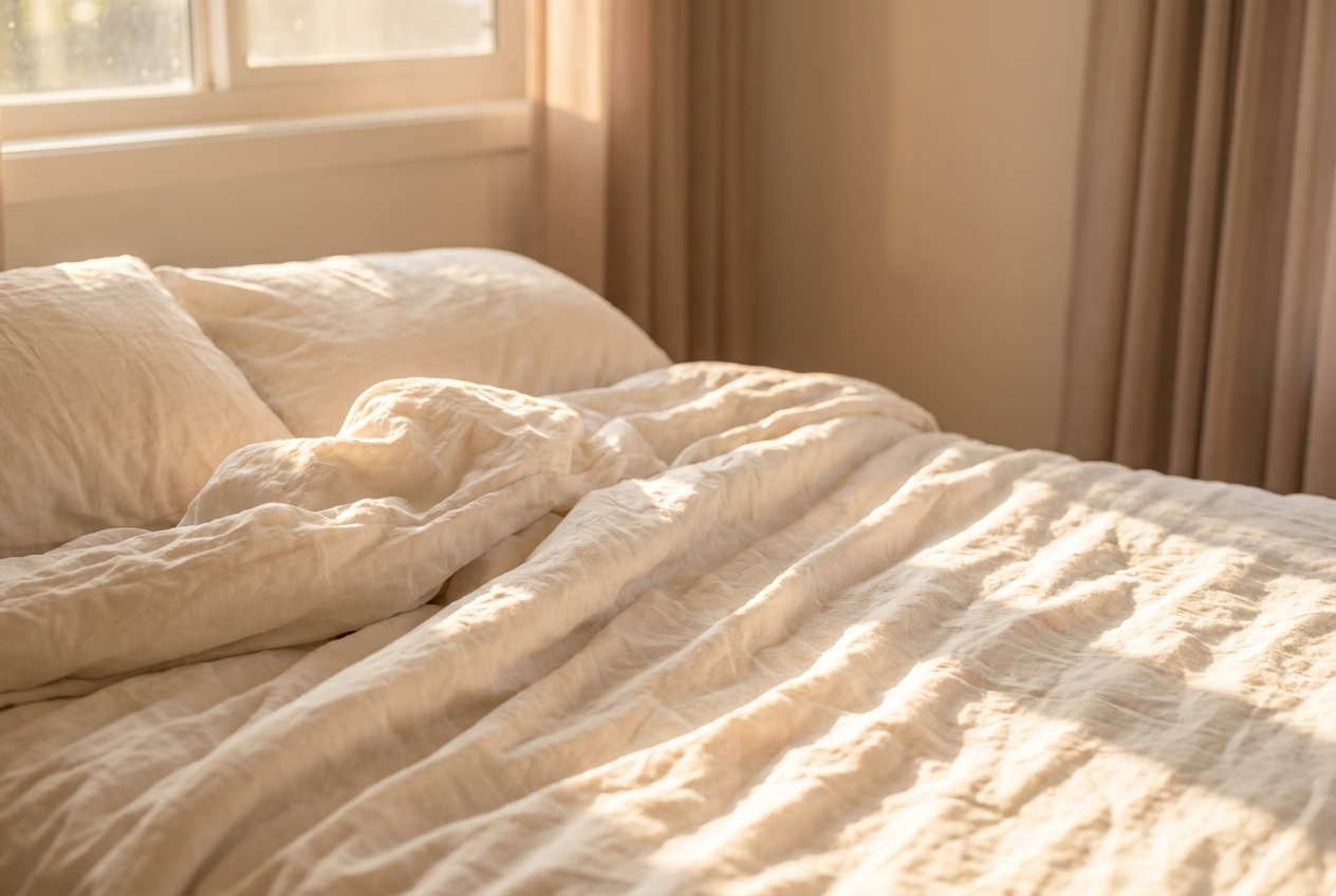 Tousled warm cream linen bedsheets in soft morning light