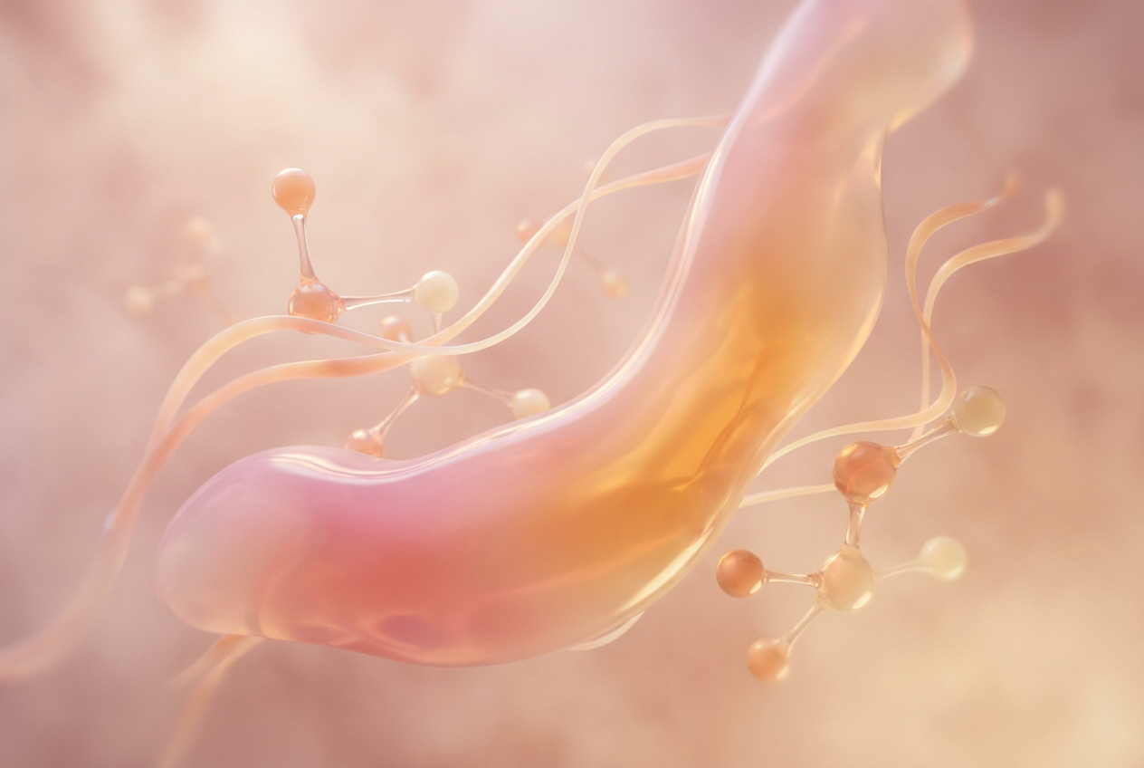 Soft pink-amber gradient with delicate translucent organic forms suggesting molecular biology
