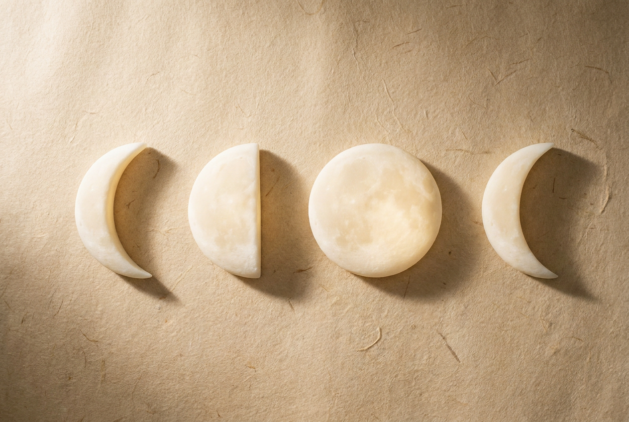 Four moon phase shapes arranged horizontally on warm cream textured paper
