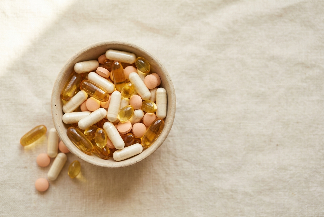 Small ceramic bowl filled with assorted capsules in warm tones, top-down