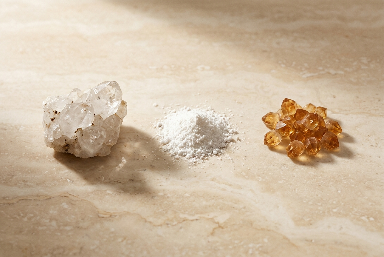 Three different mineral crystal forms arranged in a row on warm travertine surface