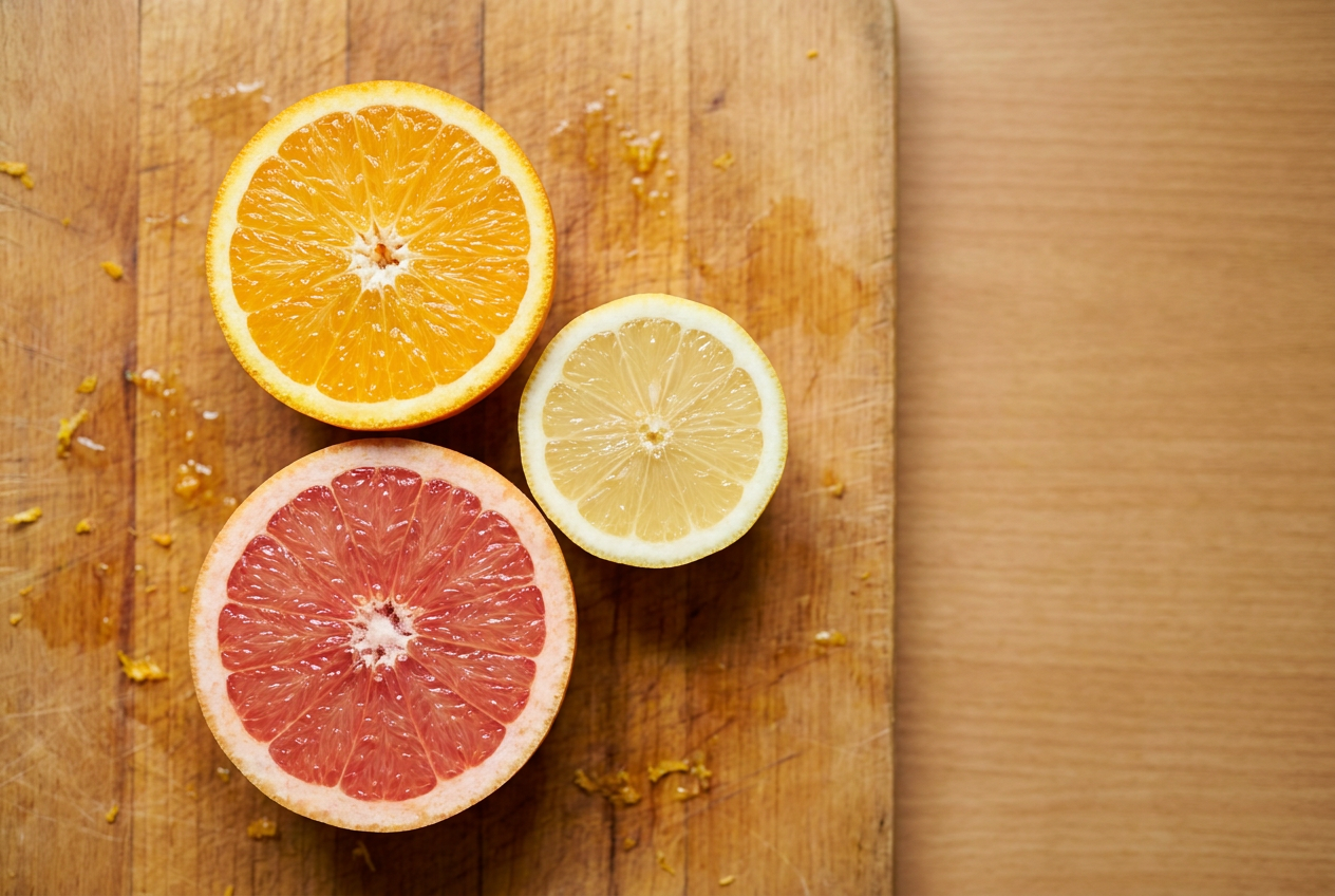 Three citrus cross-sections (orange, grapefruit, lemon) arranged on warm wood