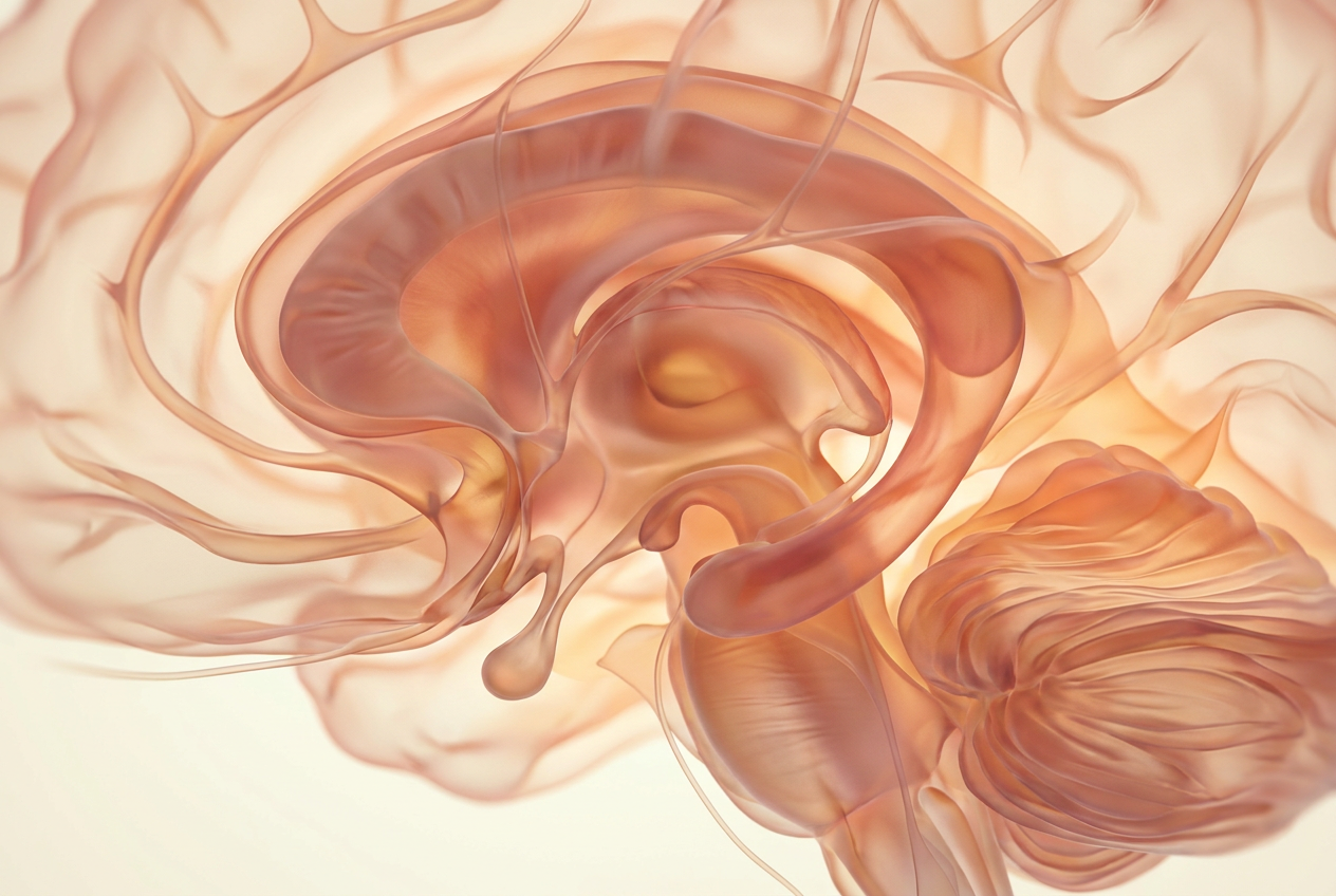 Soft warm-toned cerebral abstract forms in pink-amber gradient against cream background