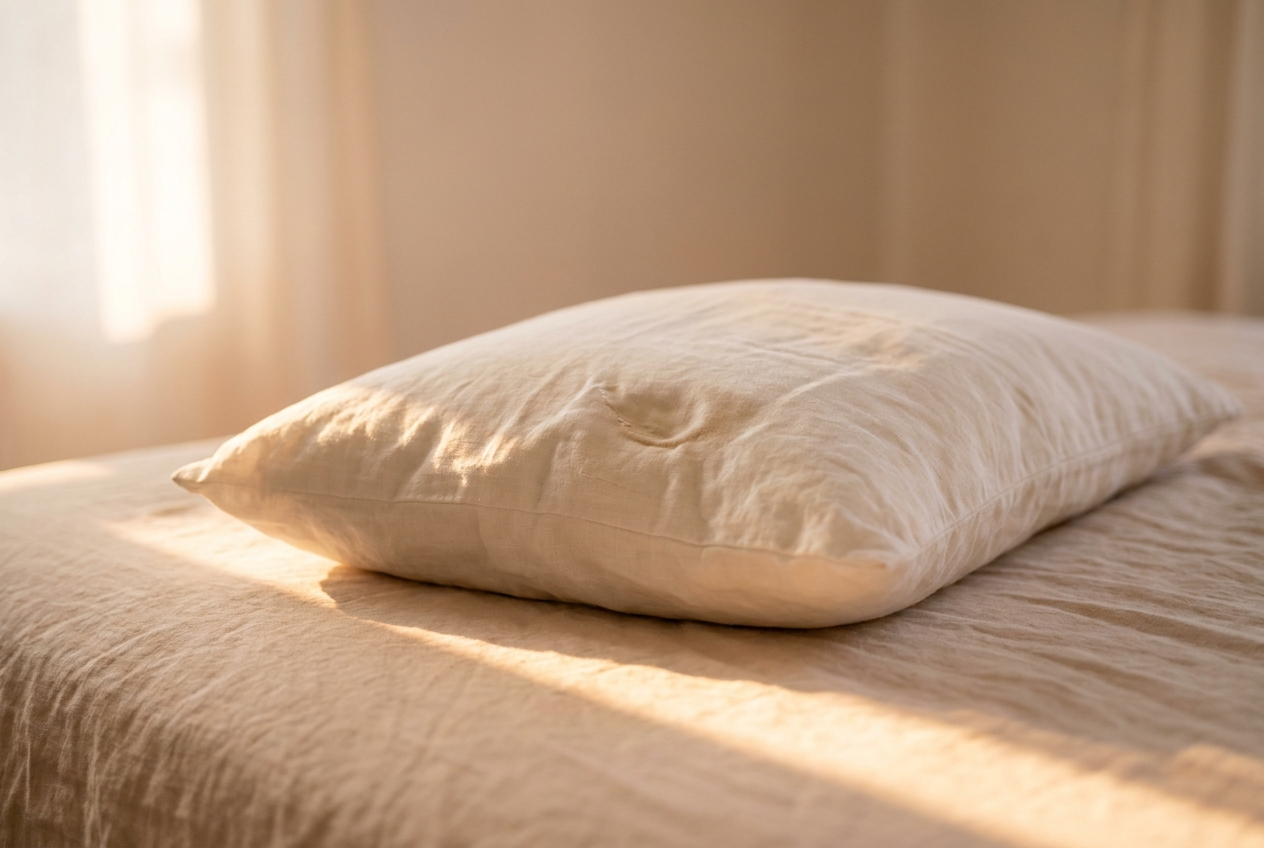 Soft cream linen pillow with a warm morning sunbeam falling diagonally across it