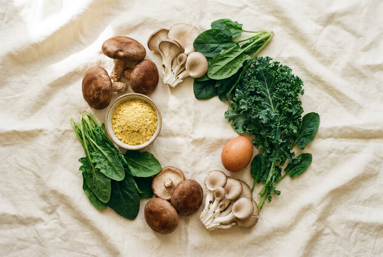 Mushrooms, leafy greens, nutritional yeast, and brown egg arranged on warm cream linen