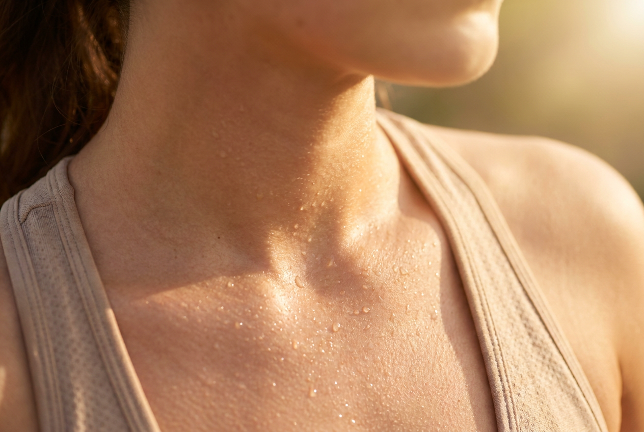 Macro close-up of beads of sweat on a woman's collarbone and neck in warm afternoon light