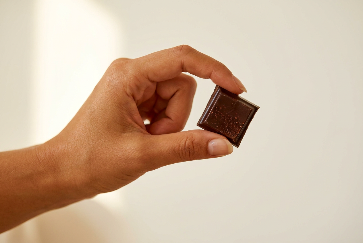 Woman's hand naturally holding a small square of dark chocolate between thumb and index finger, on warm cream background